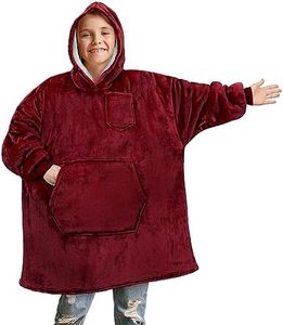 PAVILIA Wearable Blanket Sweatshirt for Kids Boy Girl Wine Red Burgundy Maroon, Warm Cozy Giant Blanket Hoodie, Fleece Sherpa Oversized Blanket Sweatshirt with Sleeves, Big Pocket, Christmas Gift