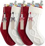 4 Pcs Christmas Stockings, 18 Inches Personalized Hanging Stockings with DIY Snowman Name Tags, Large Size Knitted Stockings for Mantels, Christmas Tree Family Holiday Decor, Red and White