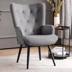 Furniliving Soft Velvet Accent Chair, Upholstered High Backrest Arm Chair with Solid Metal Legs, Tufted-Button Design Reading Chair, Sofa Chair for Bedroom, Living Room, Office, Grey