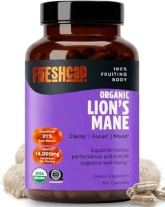 FreshCap Mushrooms Premium Organic Lions Mane Capsules - 14:1 Fruiting Body Extract with 31% Beta-Glucans - 3rd-Party Tested Nootropic for Clarity, Focus & Cognitive Support (180 Capsules)