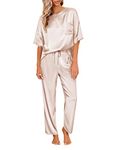 Ekouaer Women Silk Satin Pajamas Sets Round Neck Soft Pjs Set Summer Nightwear Short Sleeve Sleepwear Champagne