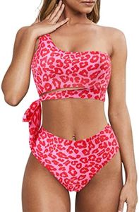 MOOSLOVER Women One Shoulder High Waisted Bikini Tie High Cut Two Piece Swimsuits(L,Pink Leopard)