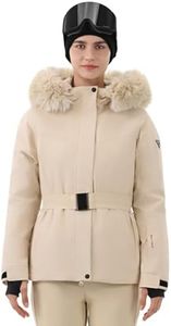HIGH EXPERIENCE Women's Ski Jacket Snowboard Fitted Slim Belted Snow Coat Warm Winter Mountain Waterproof Windproof Insulated Hooded (US, Alpha, X-Large, Regular, Regular, Light Khaki)