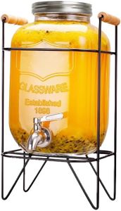 Hiziwimi 4L Glass Beverage Dispenser with Cover Wide Mouth Iced Drink Jar with Tap Iron Holder, for Iced Juice Water Homemade Tea Drinks