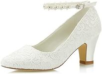 JIAJIA 62311A Women's Bridal Shoes Closed Toe 2.7" Chunky Heel Lace Satin Pumps Satin Flower Wedding Shoes, Ivory, 6.5