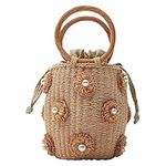 Pearl Flower Straw Woven Bag Bucket Bag Rattan Purse Straw Tote Bag for Women Drawstring Straw Weaving Handheld Bag with Circular Handle Handmade Tote Bag with Soft Fabric Lining Pearl Flower