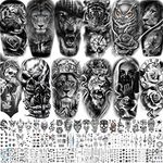 LAROI 69 Sheets Black Animals Temporary Tattoos For Men Women Adults, Lion Wolf Tiger Gangster Fake Tattoo Stickers, Halloween Owl Rose Flower Skull Temp Long Lasting Tattoo Body Art Arm Sleeve