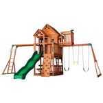 Backyard Discovery Skyfort II Swingset, FSC certified Cedar Wood, Raised Clubhouse, Windows, Super Speedy Slide & Belt Swings Plus Trapeze Bar