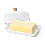 Flexzion Ceramic White European Butter Dish with Lid for Countertop (7 Inch) - Wide 2 Stick Double Butter Holder for Counter, Cream Cheese Container Storage Keeper