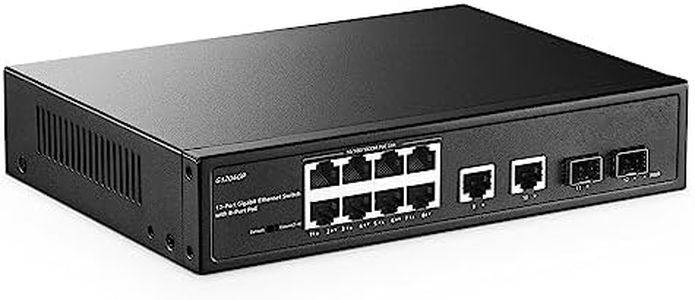 YuLinca Switch 12 porte Gigabit PoE, 8 GE PoE+, 2 GE Uplink, 2 Gigabit SFP Slot, IEEE802.3af/at Max 120W, Switch Ethernet Plug&Play non gestito senza ventola