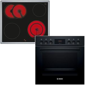 Bosch Einbauherd-Set HND211LB2, Serie 2 Einbau-Herd 60 cm mit 3D-Heißluft HEF113BB0, Serie 4 Elektro-Kochfeld 60 cm herdgesteuert mit Edelstahlrahmen, Bräterzone, 21 cm erweitbare Kochzone NKN645GA2E