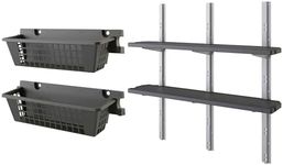 Suncast 2 Pack 25” x 7.25” Basket Accessory for Outdoor Shed Bundled with Vertical Shed 2 Shelf Kit, Space Saving Wall Mount Storage, Black