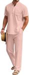 COOFANDY Men's 2 Pieces Linen Set Short Sleeve Henley Shirt and Holiday Beach Pants Casual Yoga Trousers Outfits