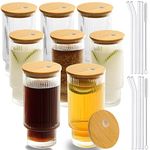 CAYOREPO 8 Pcs 16oz Ribbed Drinking Glasses with Bamboo Lids and Straws, Ribbed Glass Cups, Stackable Glasses, Vintage Water Glasses for Juice, Beer, Coffee, Tea and Cocktail (Clear(8PC))