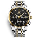 OLEVS Mens Watches Two Tone Stainless Steel Men's Chronograph Watches for Men Roman Numerals Black Dial Luxury Diamond Quartz Men's Wrist Watches Luminous Waterproof with Date Watches Men