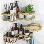 YASONIC Corner Shower Caddy, 3-Pack Adhesive Shower Caddy with Soap Holder and 12 Hooks, Rustproof Stainless Steel Bathroom Shower Organizer, No Drilling Wall Mounted Shower Rack, for Bathroom, Gold