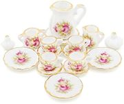 Odoria 1/12 Miniature Porcelain Tea Set 15Pcs Dollhouse Decoration Accessories, Pink Rose