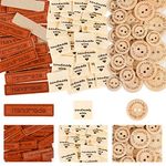 350 Pcs Handmade Labels for Crafts,150 Pcs Wooden Buttons(15/20/25mm) + 100 Pcs Leather Handmade Labels + 100 Pcs Fabric Handmade Labels,Handmade with Love Labels Tags Set for Knitting,Crafts & Sewing