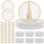 Tioncy 100 Pcs Clear Charger Plates Bulk Includes 50 Clear Beaded Charger Plates 13 and 50 Napkin Rings Plastic Charger Dinner Plates for Wedding, Party, Tabletop Decoration (Gold,Beaded Ring)