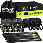 Sunferno Ratchet Straps Tie Down 2500Lbs Break Strength - 15 Ft Heavy Duty Rachet Straps - Safely Move Your Motorcycle & Cargo on Car, Truck, Trailer - Soft Loop Straps Rachette Straps Black (4 Pack)