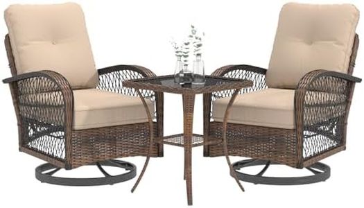 EROMMY 3 Pieces Patio Furniture Set, Outdoor Swivel Rocker Patio Chairs, Wicker Patio Bistro Set with Rocking Chair, Thickened Cushions and Glass Coffee Table for Backyard, Garden, Khaki