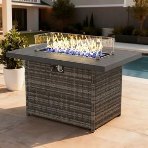 Propane Fire Pit Table, 44" Outdoor Gas Fire Pit with Glass Wind Guard & Waterproof Cover