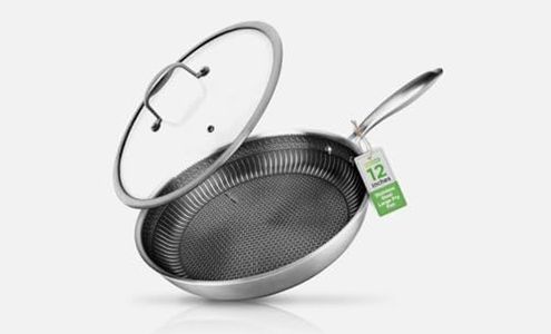 NutriChef 10" Stainless Steel Frying Pan - Triply Kitchenware Stir Fry Pan Kitchen Cookware w/DAKIN Etching Non-Stick Coating, Scratch-resistant Raised-up Honeycomb Fire Textured Pattern NC3PL10
