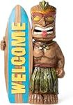 VP Home Welcome Tiki Statue with Surfboard - Solar Powered 14" Tall Tiki Stand with Automatic Switch On Flickering Eyes LED Light - for Outdoor Decoration - Perfect for Beach Resort, Halloween Decor