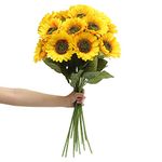 Laelfe Artificial Sunflower Flowers, Large Realistic Long Stem Silk Fake Sunflowers Decoration for Outdoor Home Wedding Birthday Party Single Bulk Yellow Decor (Dark Center, 6 Pcs)