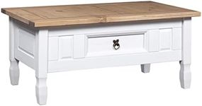 vidaXL Solid Pinewood Coffee Table in Mexican 'Corona' Style - Rectangular, White and Brown, with Drawer, Easy to Assemble - Farmhouse Style