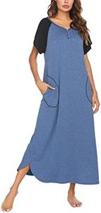 Ekouaer Loungewear, Maxi Night Gown Long Nightshirt Sleeping Dress, A-Blue, XX-Large