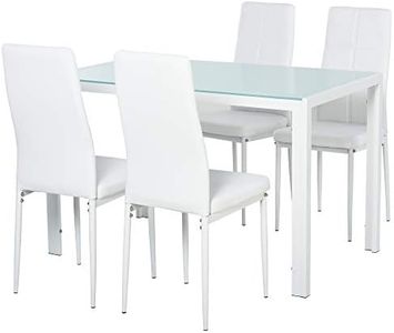 HOMCOM Conjunto de Comedor Mesa y 4 Sillas 5 Piezas Juego de Mueble de Cocina Mesa Rectangular de Vidrio Templado y Sillas Tapizadas en PU con Patas de Metal Blanco
