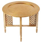 Hania Moroccan Round Coffee Table Diameter 60 cm Round Oriental Living Room Table with Folding Vintage Wooden Frame in Natural The Tray This Folding Table is Made of Aluminium in Gold