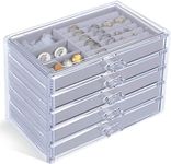 Snazzy 5 Drawers Acrylic Jewelry Organizer, Birthday and Back To School Season Gift, Women Large Clear Jewelry Box, Velvet Jewelry Display Holder for Earrings, Rings, Necklaces, Grey