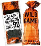 Klarny Outdoors Wild Game Freezer Bags for Ground Meat or Venison, 1.5 LB Blaze Orange Camouflage Hunting Meat Packaging Storage System with Twist Ties for Preventing Freezer Burn (50 Bags)