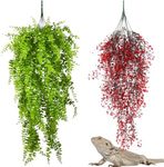 PINVNBY 2 Pack Reptile Plants Terrarium Hanging Fake Vines with Suction Cup Artificial Leaves for Bearded Dragons Lizards Geckos Snake Hermit Crab (Red and Green)