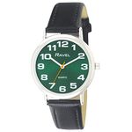 Ravel Unisex Easy Read Watch with Big Numbers - Black/Silver Tone/Sunray Green Dial