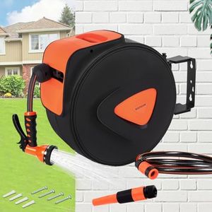 Bestsoon 20M Retractable Garden Hose Reel, Heavy Duty Wall Mounted Water Hose Reel with Sprinkler & 9- Function Sprayer Nozzle, Quick Connect, Any Length Lock, Auto-Rewind, 180° Swivel Bracket