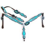 Western Leather Headstall and Breast Collar Martingale for The Horse, Valentine's Day Silver Metallic Acid wash Cowhide Look with Rhinestone (Turquoise)