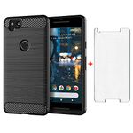 Phone Case for Google Pixel 2 and Tempered Glass Screen Protector Film Cover with Mobile Bumper Accessories Slim Thin Shockproof Soft Silicone Rubber Rugged TPU Pixel2 Pixle Two G011A Girl Men Black