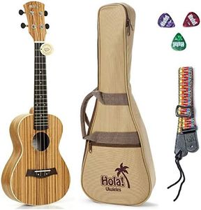 Concert Ukulele Deluxe Series by Hola! Music (Model HM-124ZW+), Bundle Includes: 24 Inch Zebrawood Ukulele with Aquila Nylgut Strings Installed, Padded Gig Bag, Strap and Picks