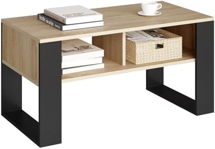 WOLTU Mesa Centro Baja, Mesa Auxiliar con 2 Niveles, Mesita Lateral para Sofa, Mesa de Cafe con Comportamientos, Mesita Pequela para Salon y Dormitorio, Roble Claro + Negro, 90x45x45cm, BTS16hei
