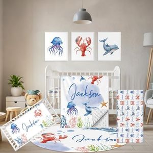 Terwex Personalized Crib Bedding Set, 5 Pcs Custom Name Nursery Bedding Sets, Marine Animals Infant Bedding Set for Baby Boy Girl, Double Layer Baby Crib Set, Babies Toddlers Kids Customized Gifts