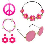 6Pcs Hippie Accessories Set, Boho Peace Sign Flower 60s 70s Outfit Women Hippie Costume Disco Outfits Party Favors (Rose Red)