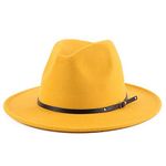 Unisex Womens Mens Adjustable Classic Wide Brim Belt Buckle Fedora Hat Felt Panama Hat Church Jazz Cap Yellow