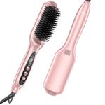 LANDOT Hair Straightener Brush Heated Straightening Brush: Rose Gold Negative Ion Hot Hair Brush for Smooth Frizz Free Hair - Ceramic Flat Iron Brush - Dual Voltage Fast Heating