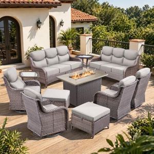 Opohoro Luxury 6" Thick Cushion 11 Pieces Wicker Patio Furniture Set with 41”Fire Table, Outdoor Conversation Set with Swivel Rocker Chairs Set of 4 and Patio Couch for Deck Porch Yard and Poolside