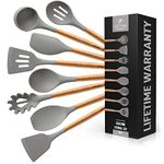 Zulay (8 Piece) Silicone Kitchen Utensils Set For Cooking - Non-Stick Silicone Cooking Utensils Set With Acacia Wood Handle - Heat Resistant Spatula Set - Flexible Silicone Kitchen Set