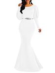 Memoriesea Women's Elegant Long Puff Sleeve Crew Neck Bodycon Mermaid Evening Gown Maxi Dress, White, X-Large