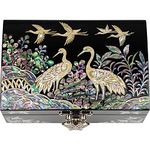 February Mountain Jewelry Organizer Box for Women with Mirror Lid - Butterfly, Peony Mother of Pearl Display Jewelry Box Perfect for, Bracelets, Trinkets, Watches, Earrings, Chains & Accessories (Black_Crane)